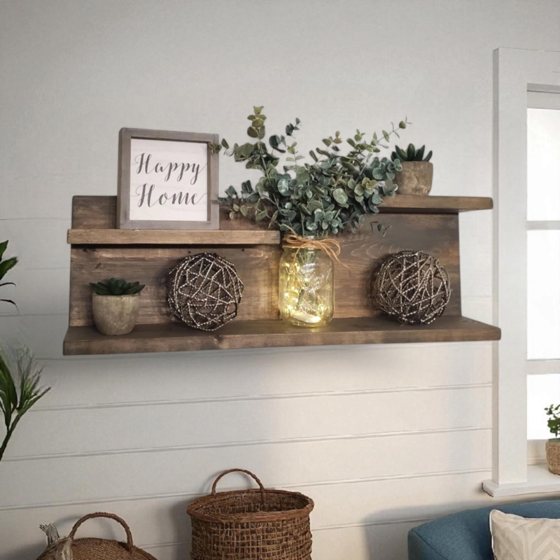 Rustic Three Tier Wall Ledge, Vertical Support Rails Decor