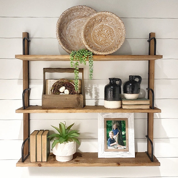 Rustic Wall Shelf Distressed Wood Metal Scroll Accents