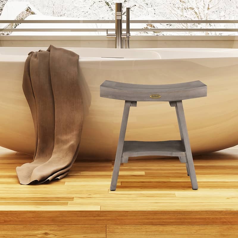 Rustic Weathered Grey Shower Bench Curved Slatted Seat