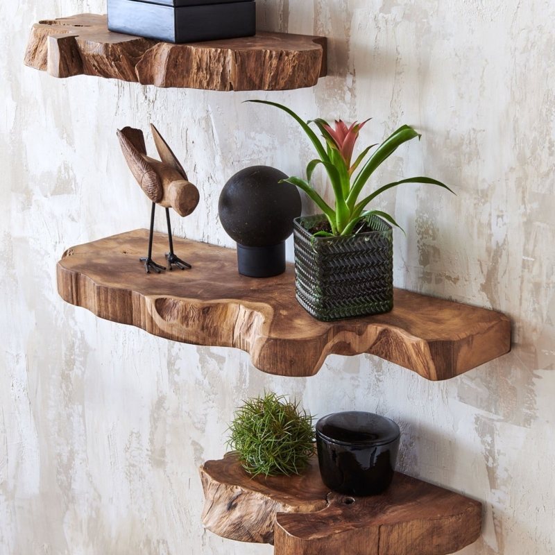 Rustic Wood Floating Shelves with Decorative Metal Scroll Brackets