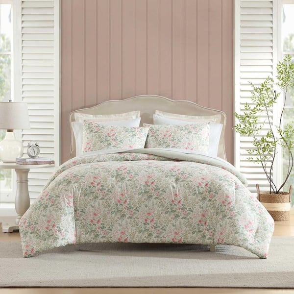 Sage Green and Pink Floral Comforter Set, Oversized Print Cottage Style.