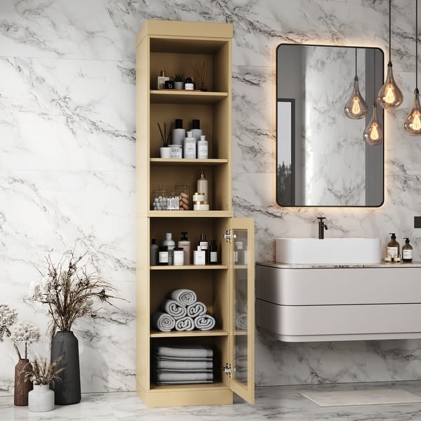 Sage Green Bathroom Storage Cabinet, Clear Glass Doors, Bottom Drawer