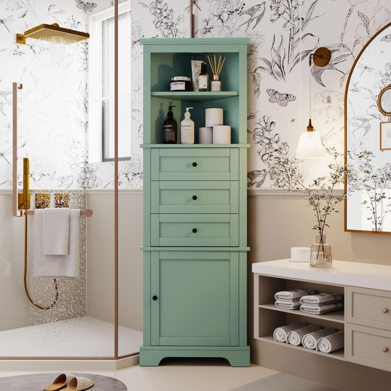 Sage Green Corner Storage Cabinet with Three Drawers and Open Shelf