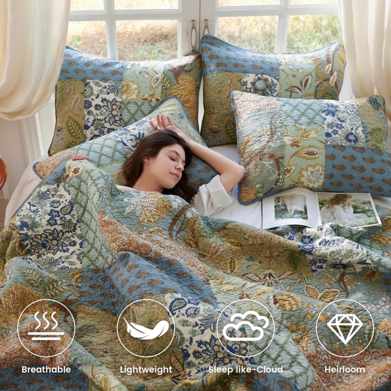 Sage Green Floral Patchwork Quilt Set for Shabby Chic Bedroom Decor Ideas