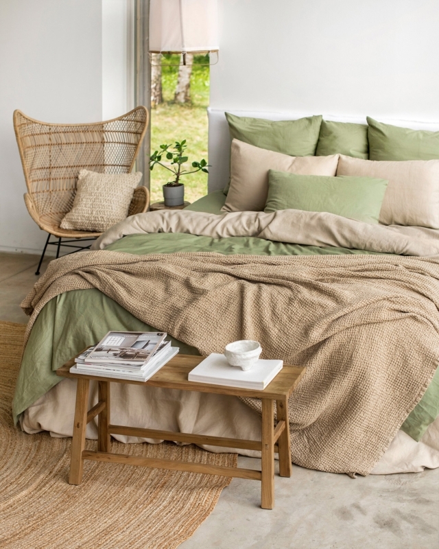 Sage Green Linen-Like Duvet Cover Set Waffle Weave Layering