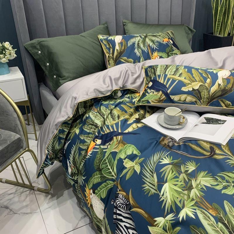 Sateen Bedding Set, Oversized Teal & Forest Green Botanical Leaf Print