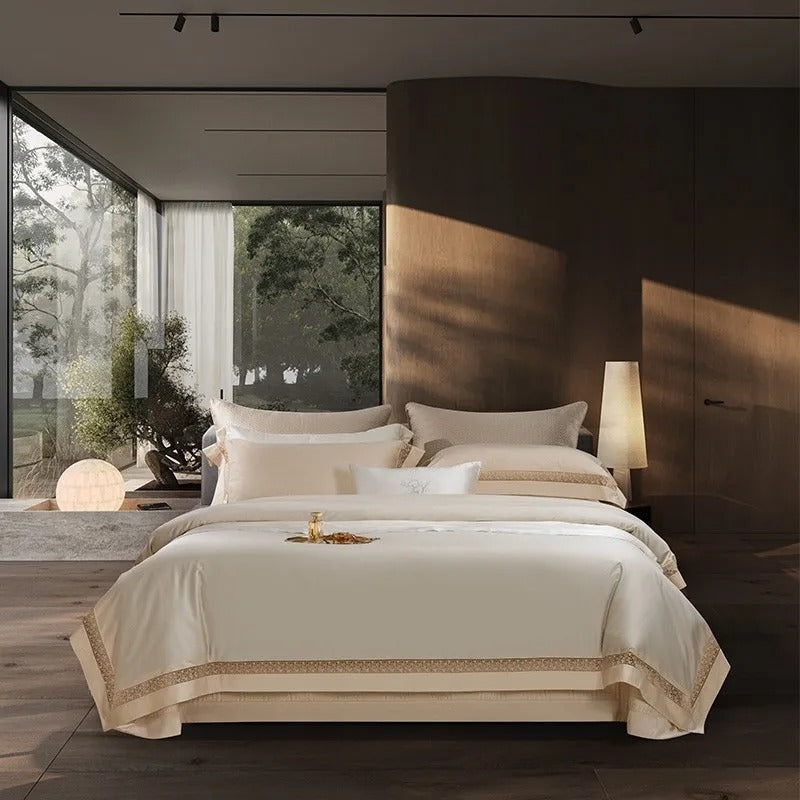 Sateen Bedding Set with Bronze Accent and Flanged Pillow Shams