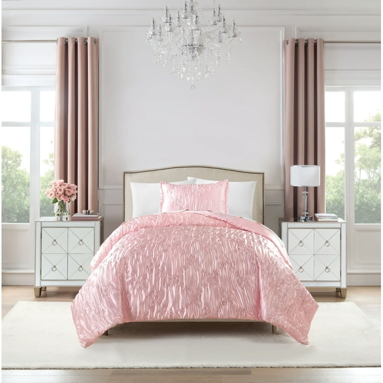 Satin Finish Blush Pink Comforter Set, Chevron Quilting Glam Style.