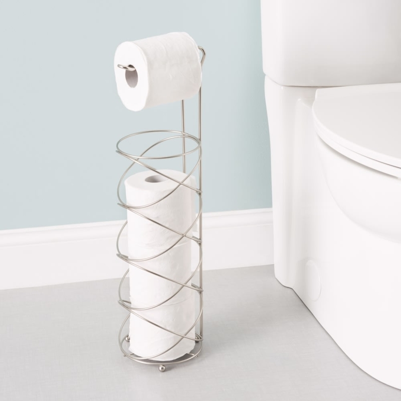 Satin Nickel Freestanding Toilet Paper Holder with Swirled Arm