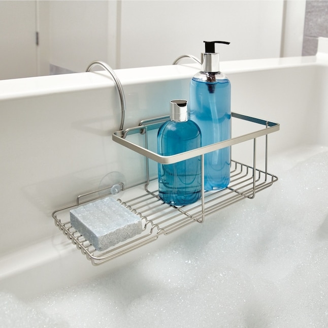 Satin Nickel Metal Bathtub Caddy with Over-Rim Mounting & Wire Grid