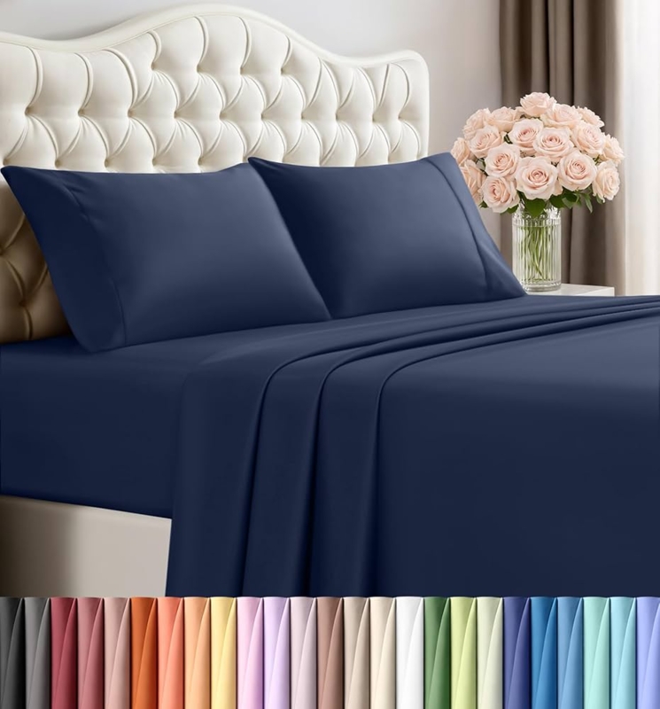Saturated Navy Sheet Set with Microfiber Sheen Finish.