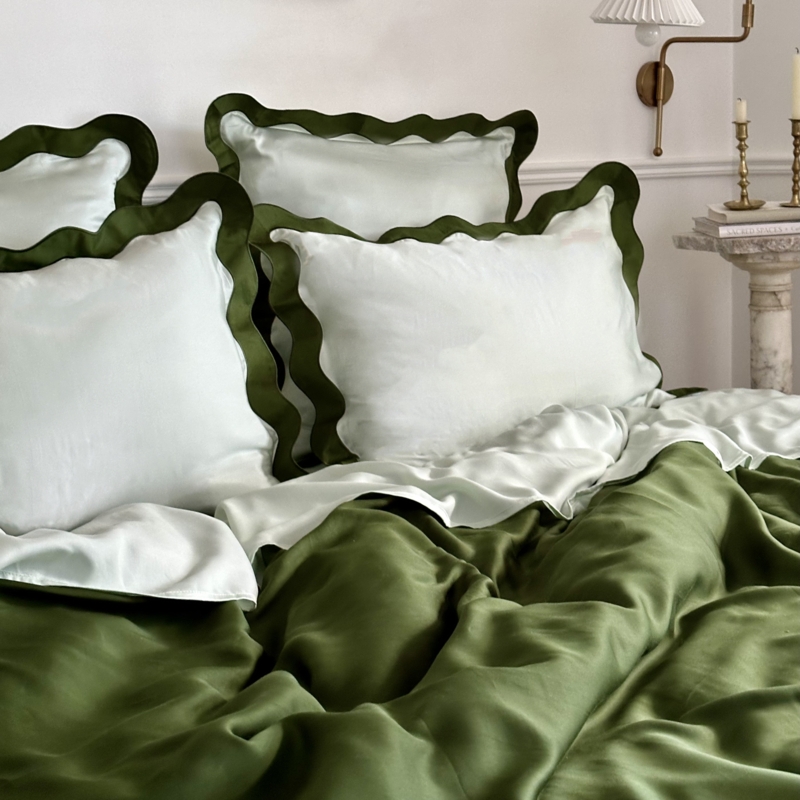 Scalloped Pillowcase Set: Silky Sage Green, Organic Bedroom Palette