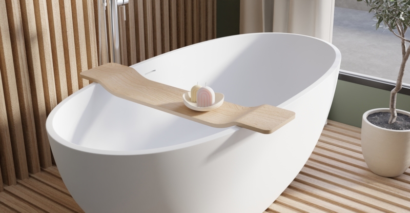 Scandinavian Light Wood Bathtub Caddy with Wine Glass Cutout