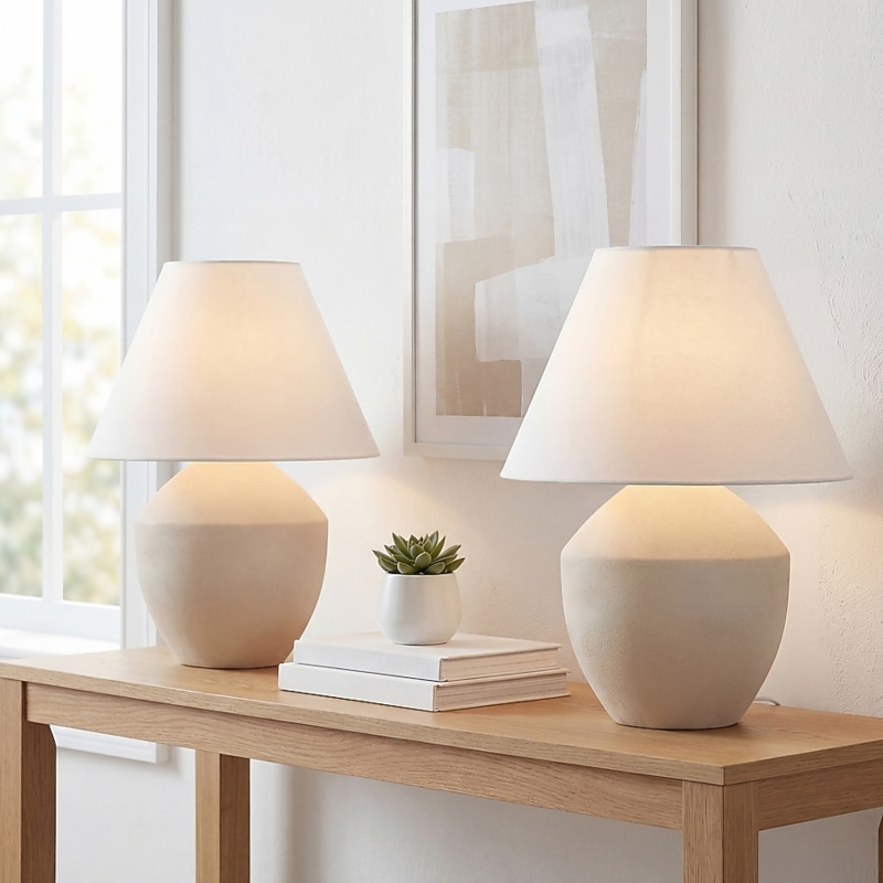 Scandinavian Minimalist Table Lamp: Matte Cream Bulbous Base, Linen Shade