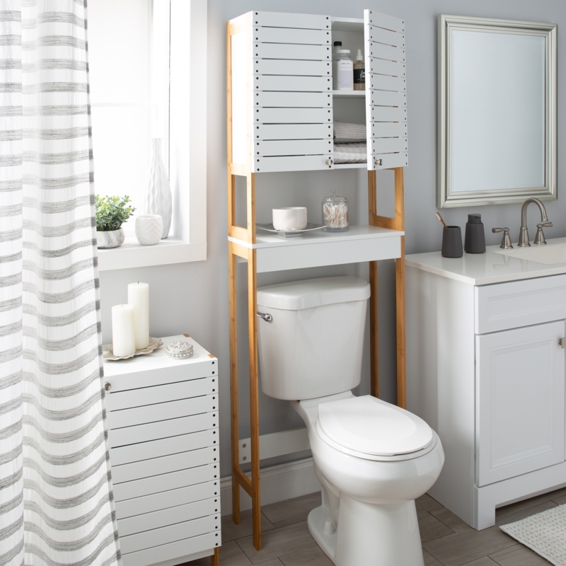 Scandinavian Over-The-Toilet Storage with Slatted Bamboo Shelves