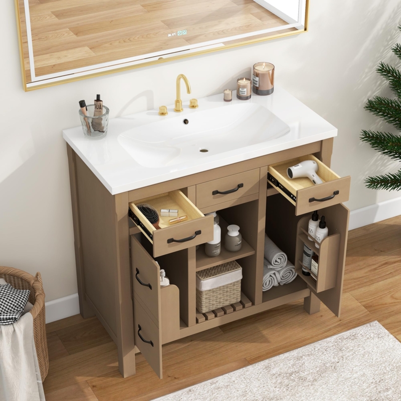 Scandinavian Style Bathroom Cabinet, Fluted Doors, Tapered Wood Legs