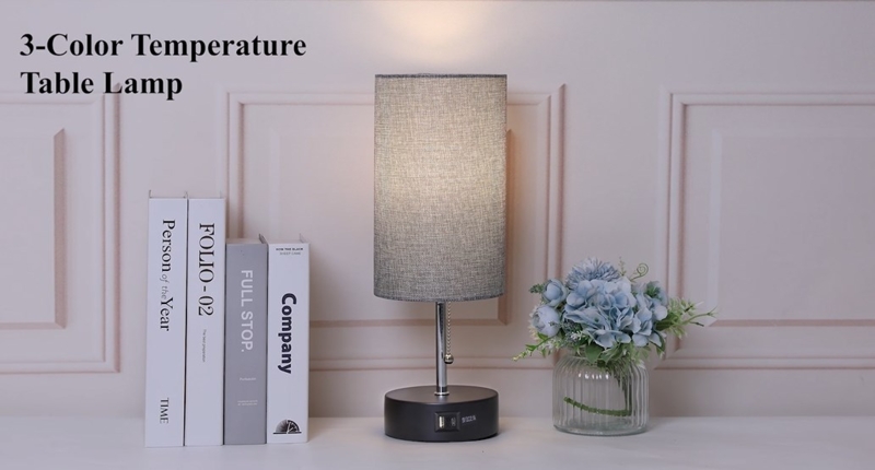 Scandinavian Style Table Lamp Gray Fabric Shade Wood Base USB