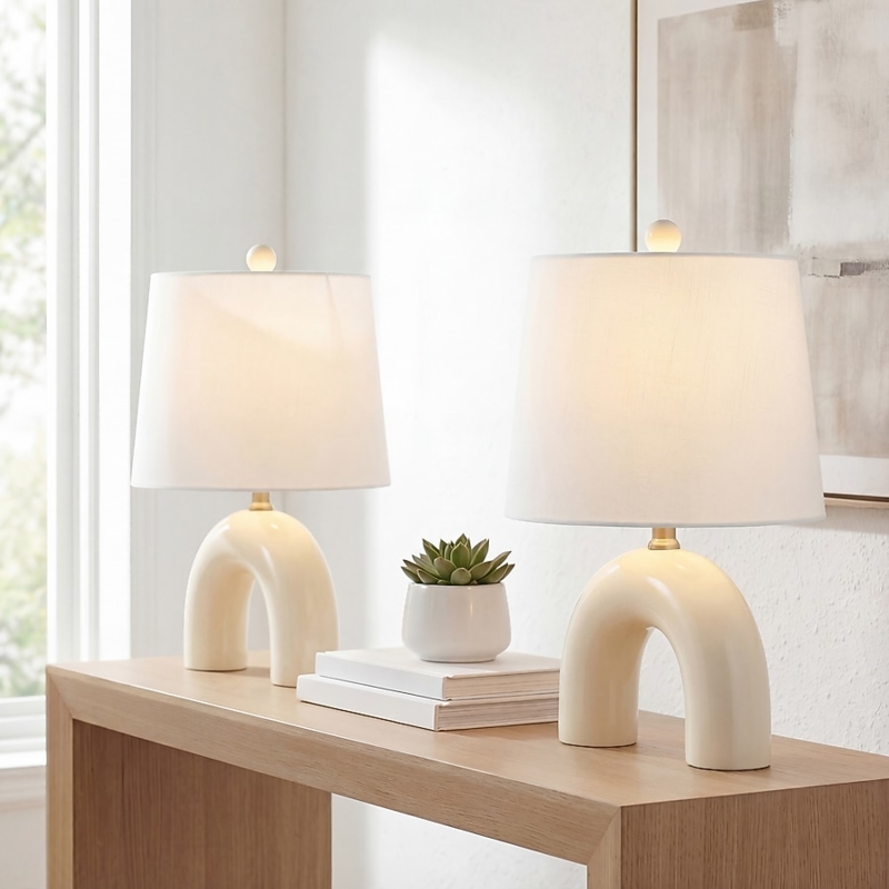 Scandinavian Table Lamp Set, Almond Ceramic U-Shaped Arch Base