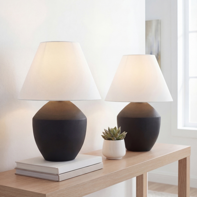 Scandinavian Tripod Table Lamp Set with Wood Toned Resin Base