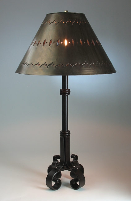Scrolled Iron Table Lamp with Four Footed Base & Punched Tin Shade