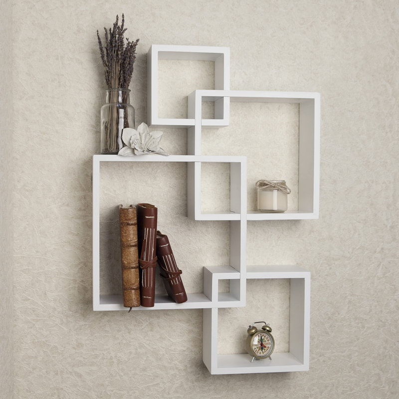 Sculptural Espresso Geometric Wall Shelf with Intersecting Frames