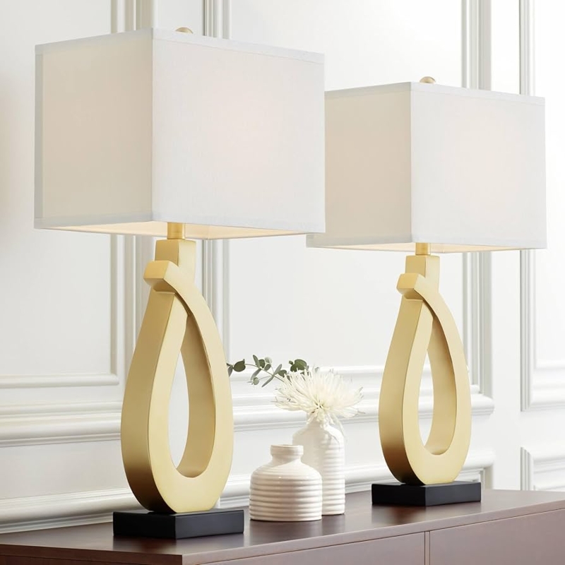 Sculptural Gold Table Lamp Set Rectangular Shade Modern Glam Lighting
