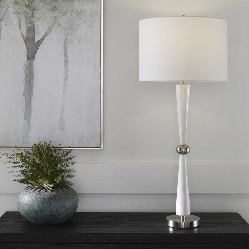 Sculptural Metal Table Lamp in Antique Brass Finish with Tapered Shade