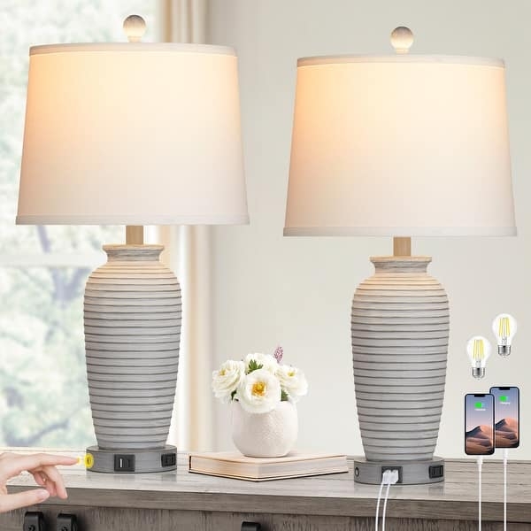 Sculptural Resin Table Lamp Pair, Stacked Pebble Design with USB.