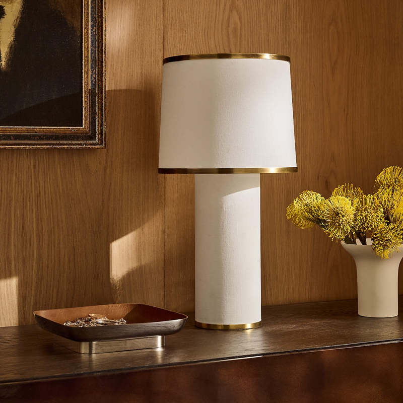 Sculptural Table Lamp with Vertical Fins Base and Tall Cylindrical Shade.