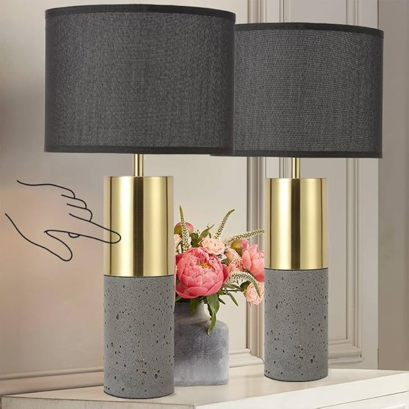 Set of 2 Concrete Table Lamps with Black Shades and Gold Accents