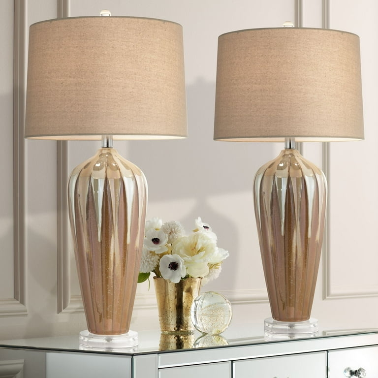 Set of 2 Handcrafted Ceramic Table Lamps with Textured Brown Base