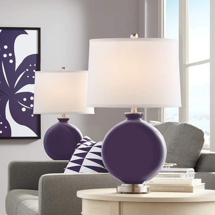 Set of 2 Purple Gourd Table Lamps with Clear Pedestal Base
