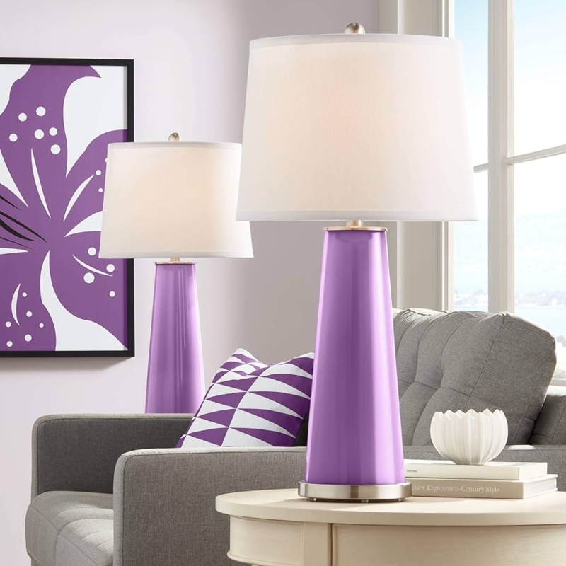 Set of 2 Purple Tapered Column Table Lamps, White Drum Shades