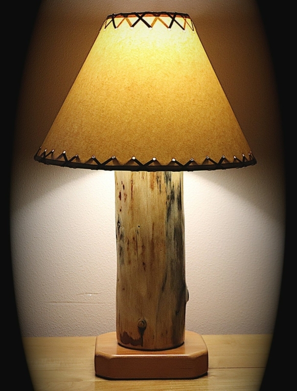Set of 2 Rustic Table Lamps with Pine Log Bases and Silhouette Shades