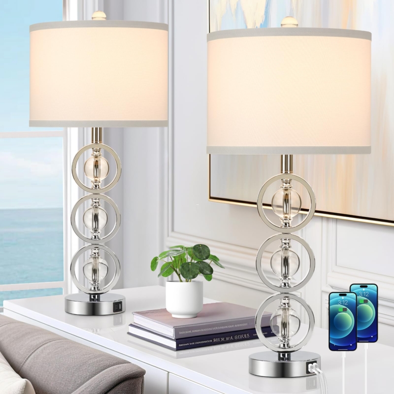 Set of 2 Table Lamps Crystal Stacked Sphere Base USB Charging Ports Silver