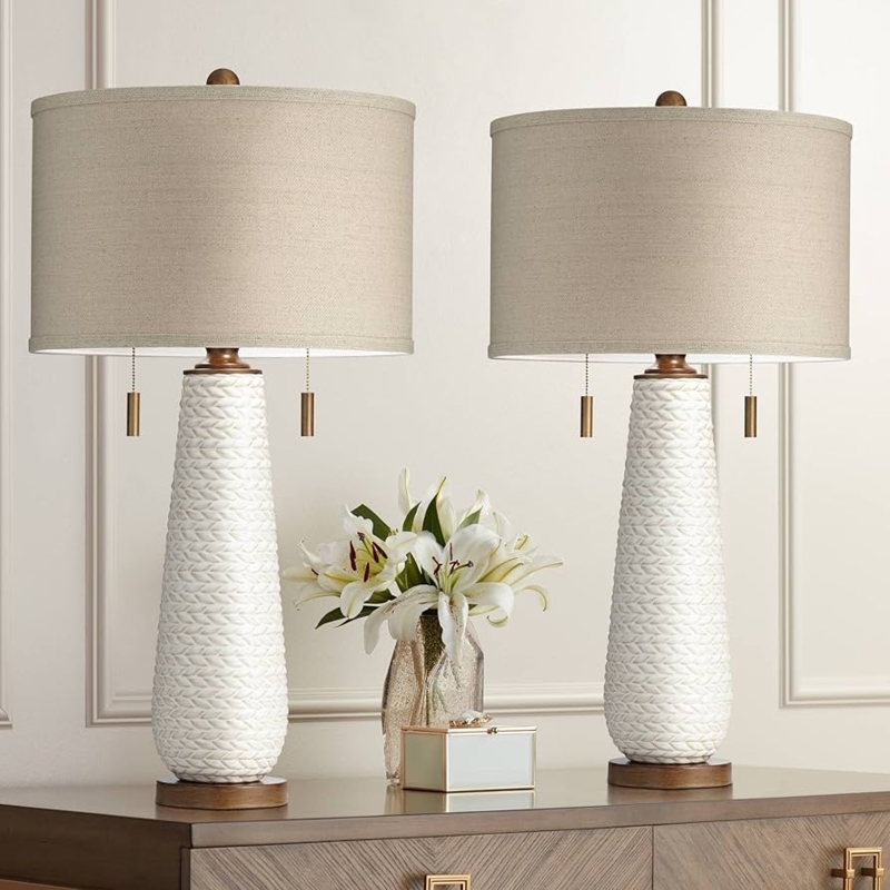 Set of 2 Table Lamps White Textured Ceramic Mid-Century Modern Bedside
