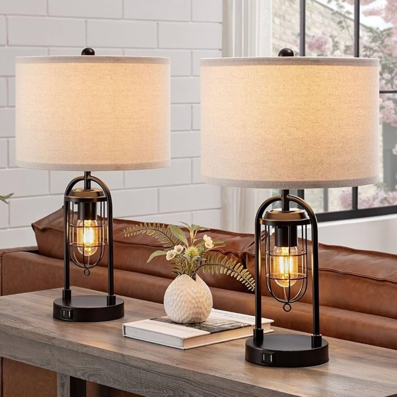Set of 2 Table Lamps with Illuminated Glass Base Nightlight and USB