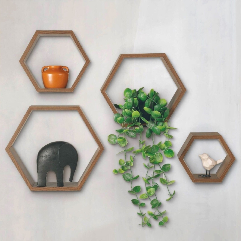 Set of Four Floating Shelves, Natural Wood with U-Shaped Profile