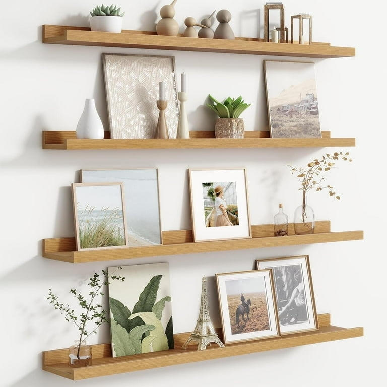 Set of Four Slim Picture Ledges in Light Oak with Front Lip
