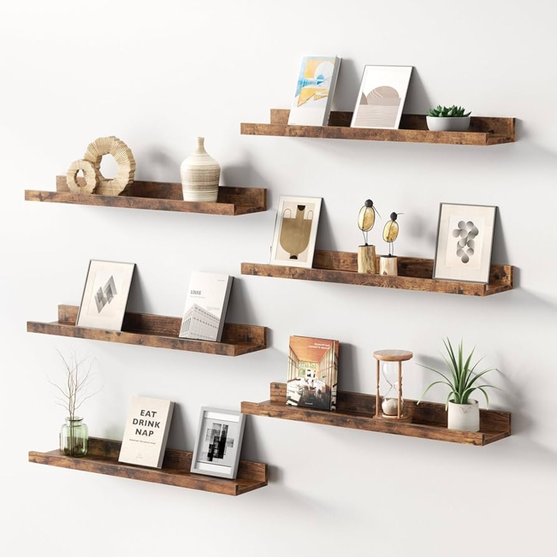 Set of Six Floating Wood Shelves in Warm Brown Staggered Layout