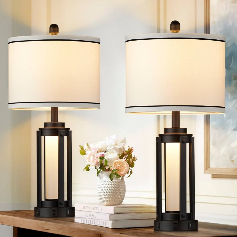 Set of Table Lamps Black Metal Tripod Base with USB and Outlets