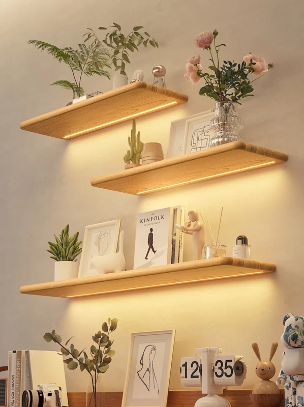 Set of Three Floating Shelves with Integrated Luminous LED Lighting