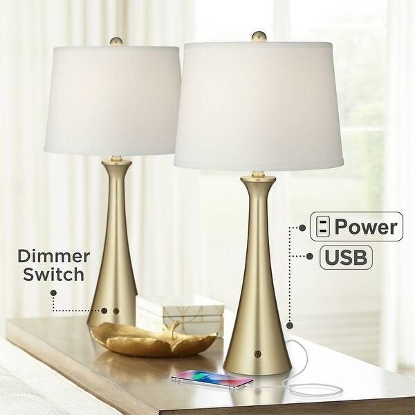 Set of Two Slim Gold Table Lamps Brushed Finish USB Ports