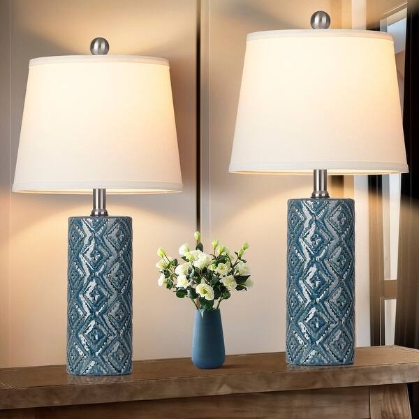 Set of Two Table Lamps Blue Ceramic Ribbed Texture Coastal Style