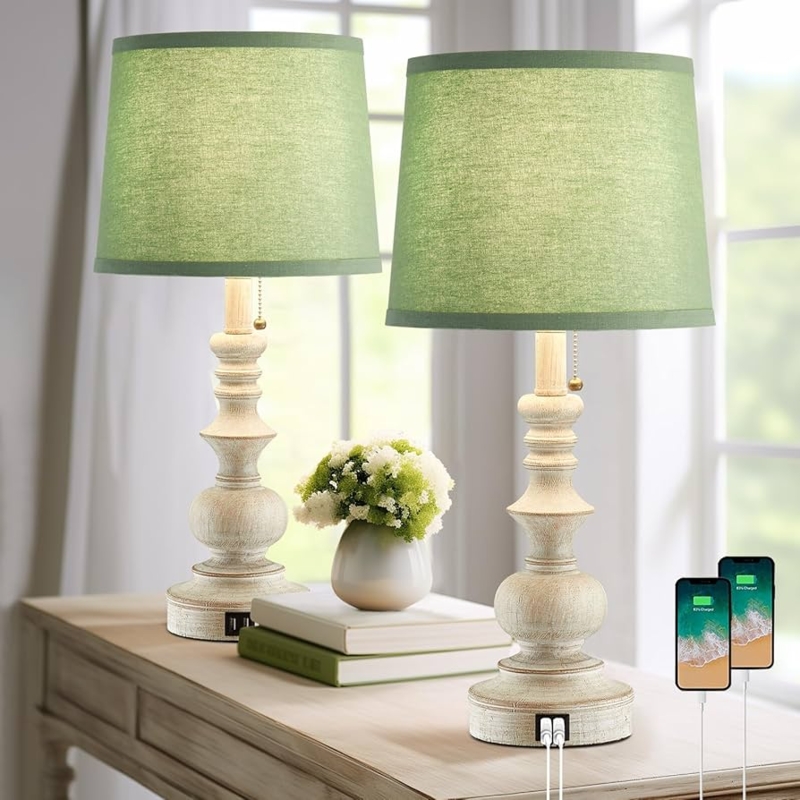 Set Of Two Table Lamps Carved Leaf Pattern Sage Green Farmhouse Style