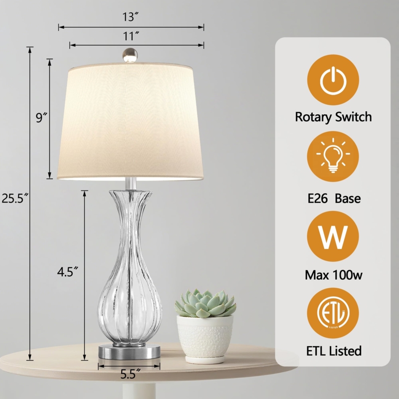 Set of Two Table Lamps Clear Glass Tapered Base White Drum Shades