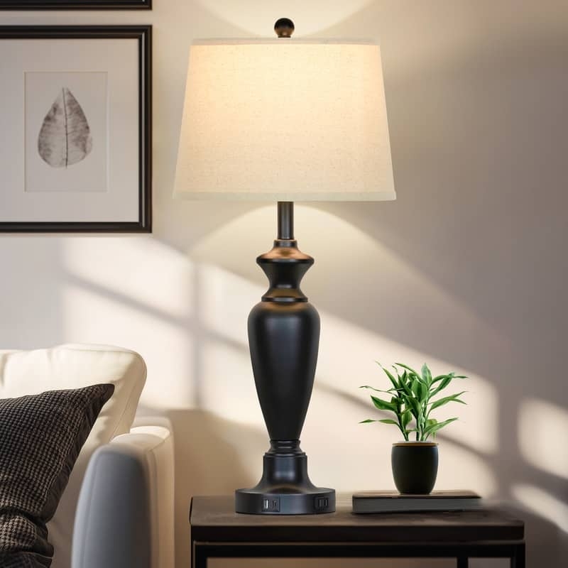 Set of Two Table Lamps Matte Black Tall Profile USB Charging