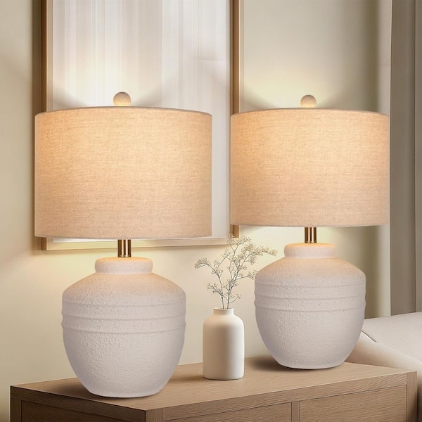 Set of Two Table Lamps, Ribbed Ceramic Jar Bases with Wood Accents.