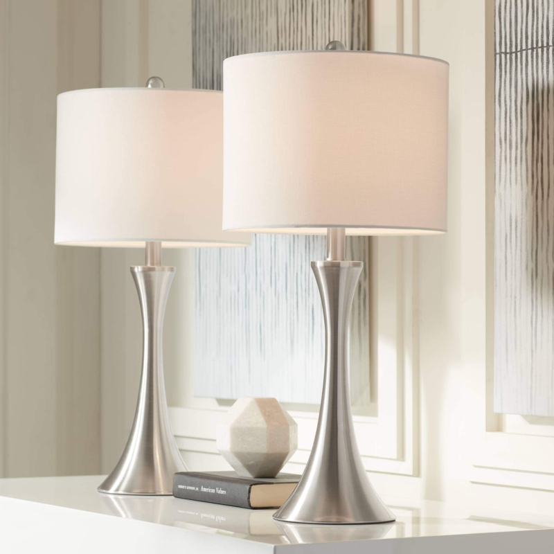 Set of Two Table Lamps with In-Line Dimmer, Brushed Nickel Finish