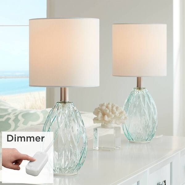 Set of Two Teal Glass Table Lamps Rounded Base Coastal Modern